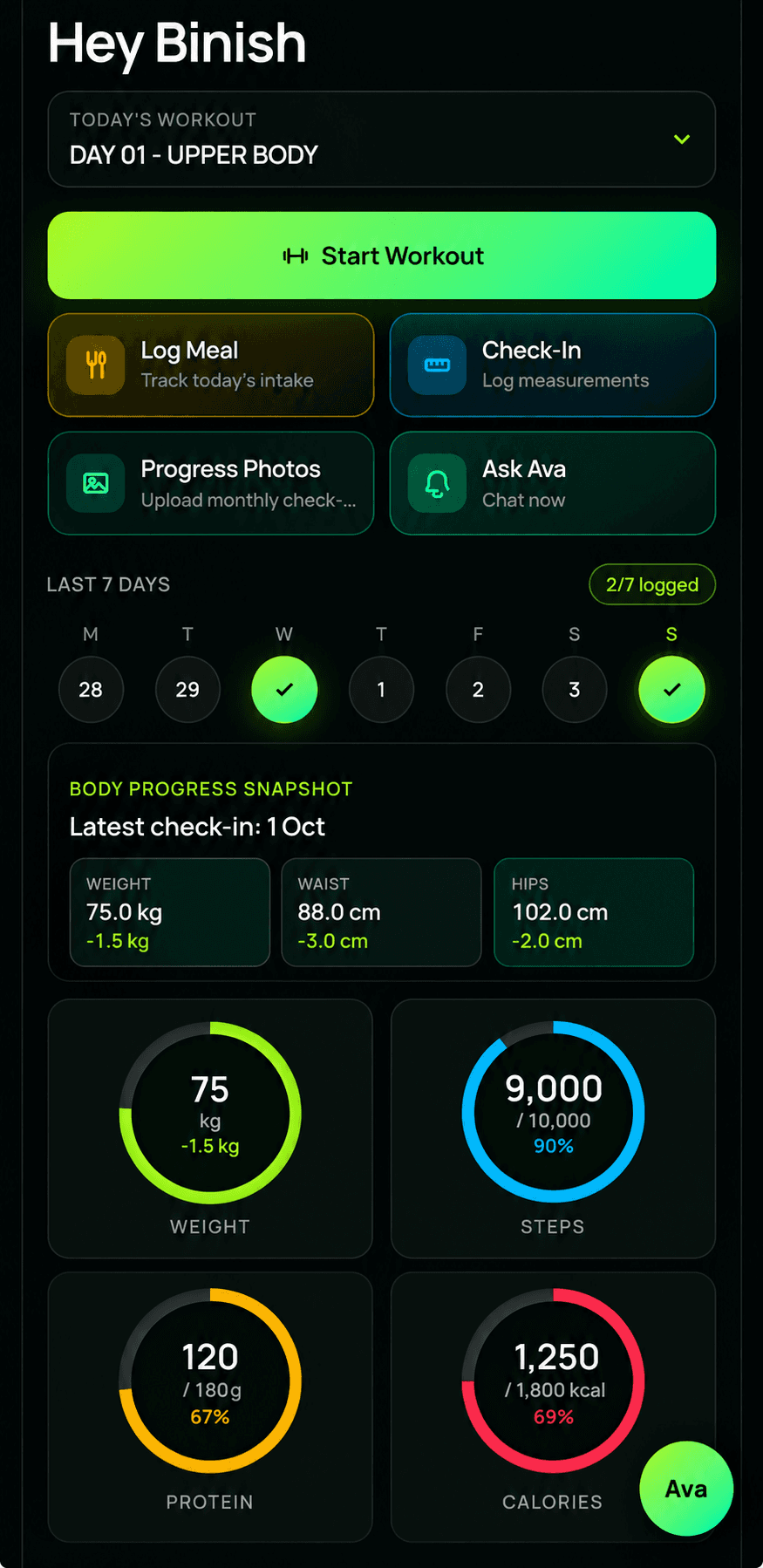 Actual Abs N Avocados dashboard screen